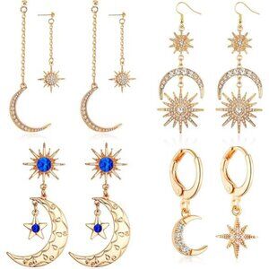 4 Pairs Gold Moon Sun Star Crystal Earrings Boho Dangle Drop‎ Earrings Set Pack